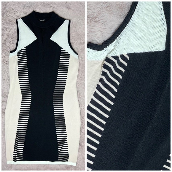River Island White Black Geometric Stretch Bodycon Sweater Dress Size 12 Large - Picture 2 of 6